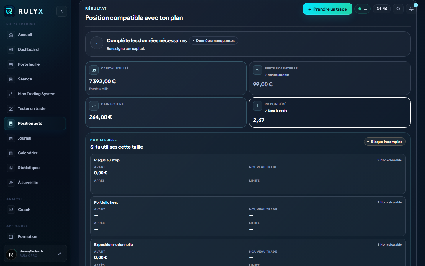 Écran réel Rulyx du parcours Prendre un trade avec scénario, risque avant et après, issues stop et objectif, puis Checkpoint