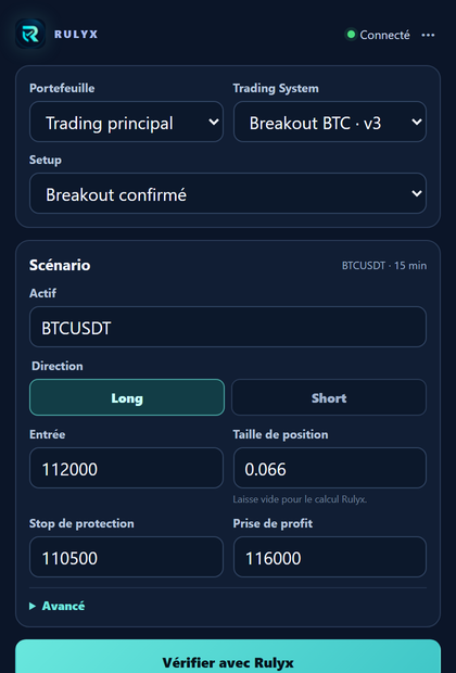 Popup réel de l’extension Rulyx avec le scénario BTCUSDT, le portefeuille, le Trading System, l’entrée, le stop et l’objectif