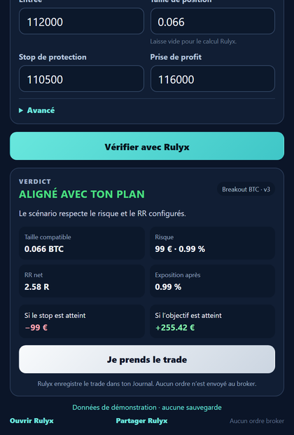 Popup réel de l’extension Rulyx avec un verdict aligné, la taille compatible, le risque, le RR et la confirmation manuelle